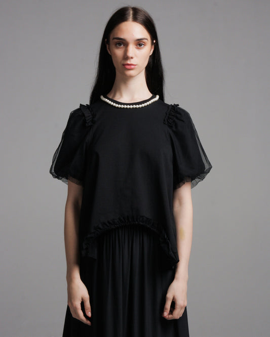 Black Tulle Puff Sleeve Pearl T-Shirt