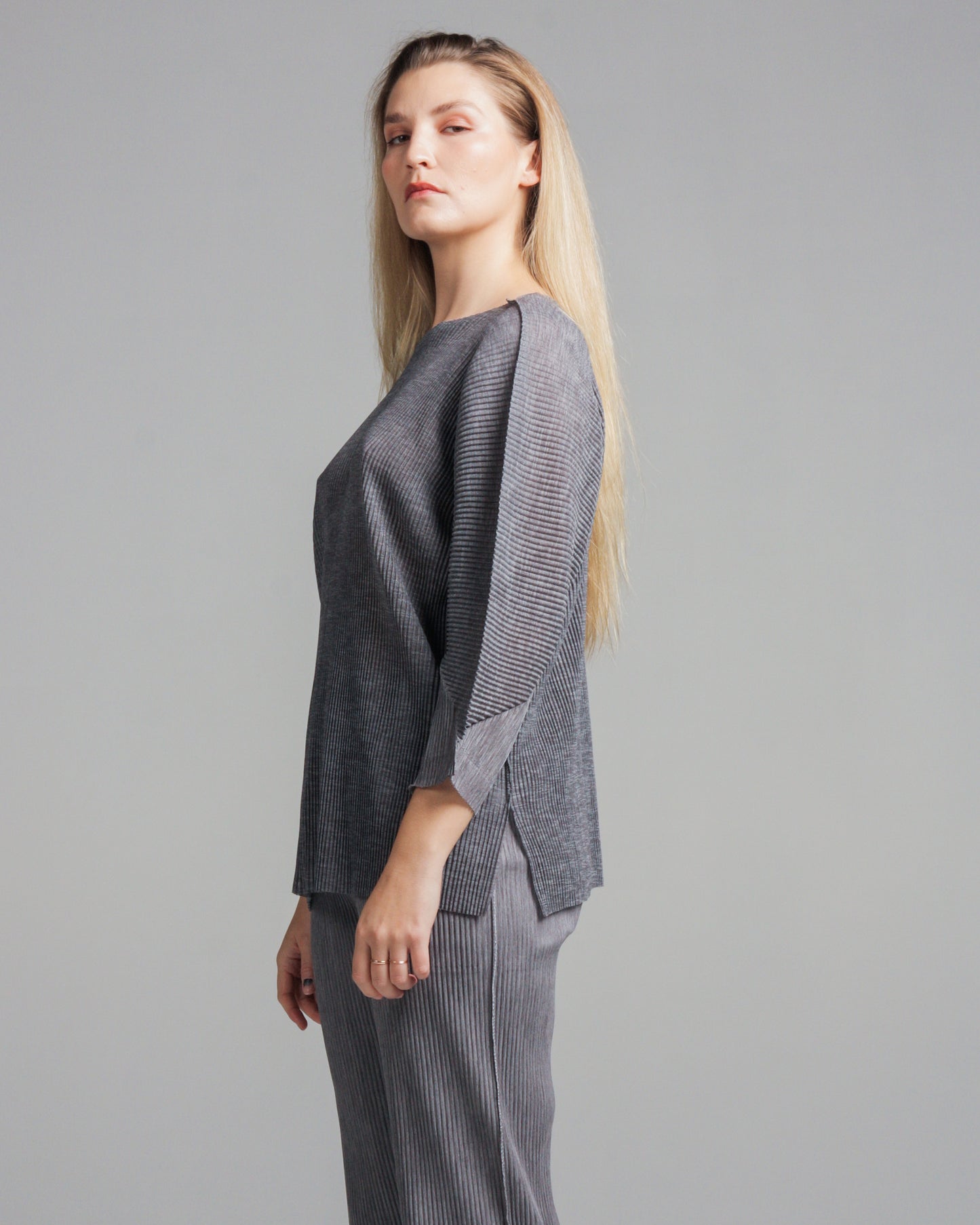 Grey Pleated Fine Knit Top