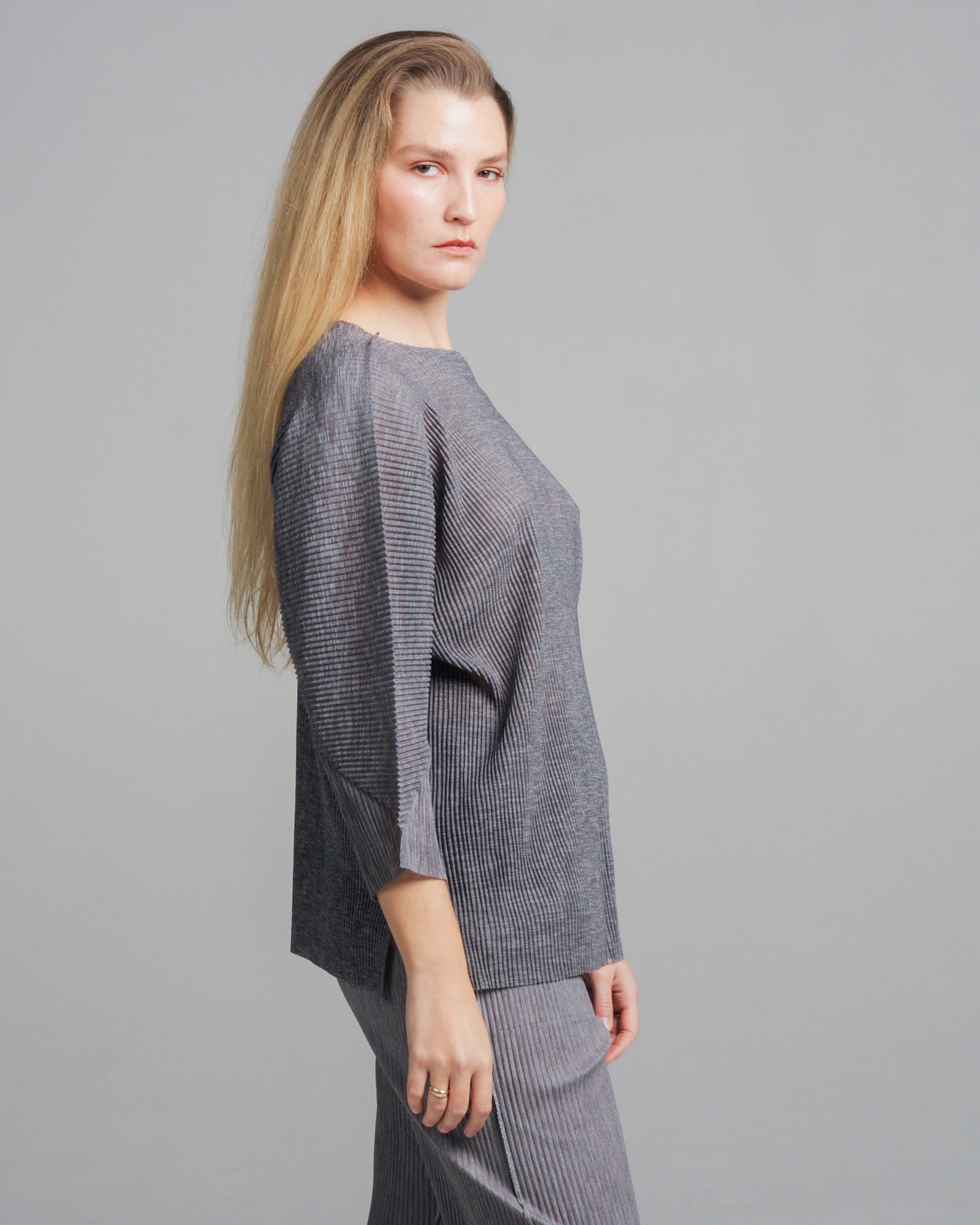 Grey Pleated Fine Knit Top