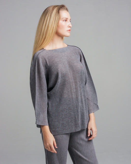 Grey Pleated Fine Knit Top