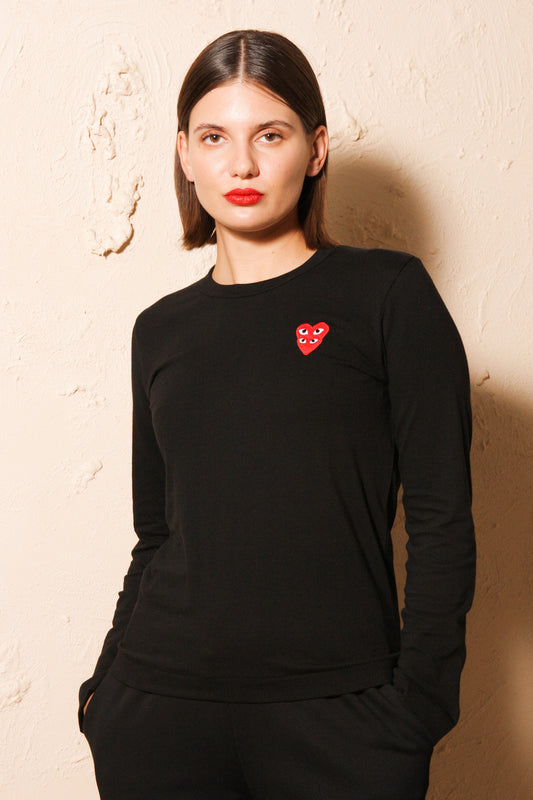 Black Long Sleeve Tee with Double Red Heart