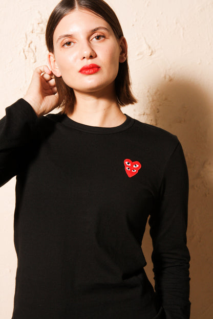 Black Long Sleeve Tee with Double Red Heart