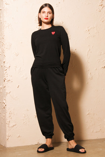 Black Long Sleeve Tee with Double Red Heart
