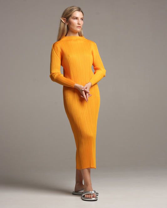 Long Sleeve Turmeric Pleated Dress