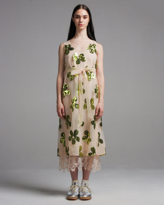 Blush Sequinned Tulle Dress With Lace Trim Slip