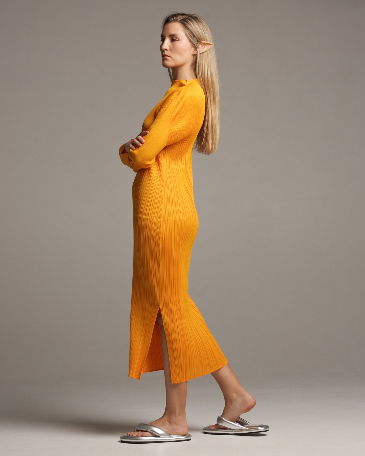 Long Sleeve Turmeric Pleated Dress