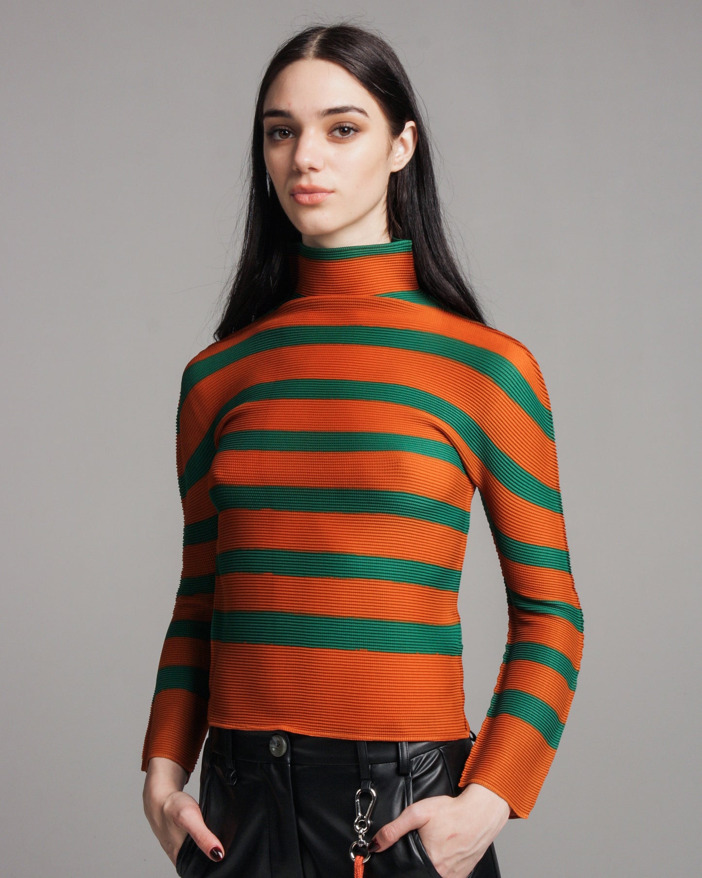 Orange & Green Striped Micropleat Top