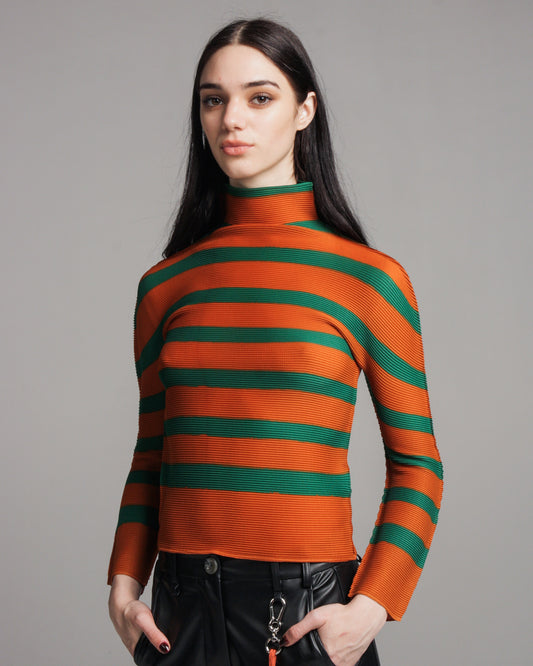 Orange & Green Striped Micropleat Top