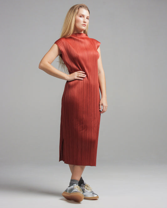 Brick High Neck Sleeveless Dress