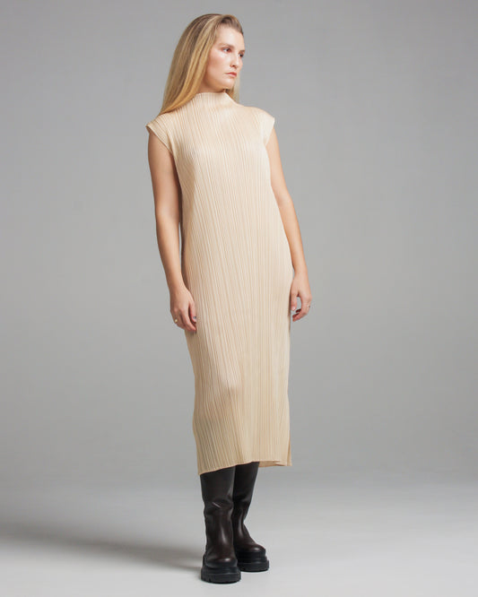 Cream High Neck Sleeveless Dress