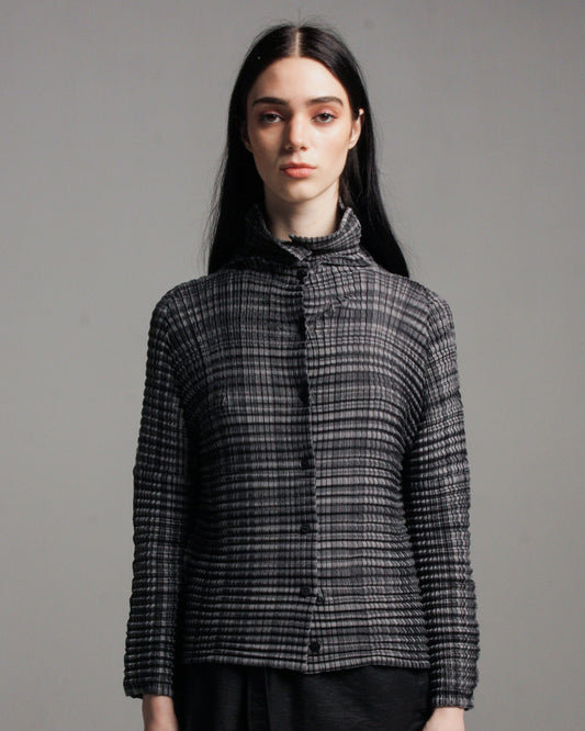 Grey Check Pleats Button Up Shirt