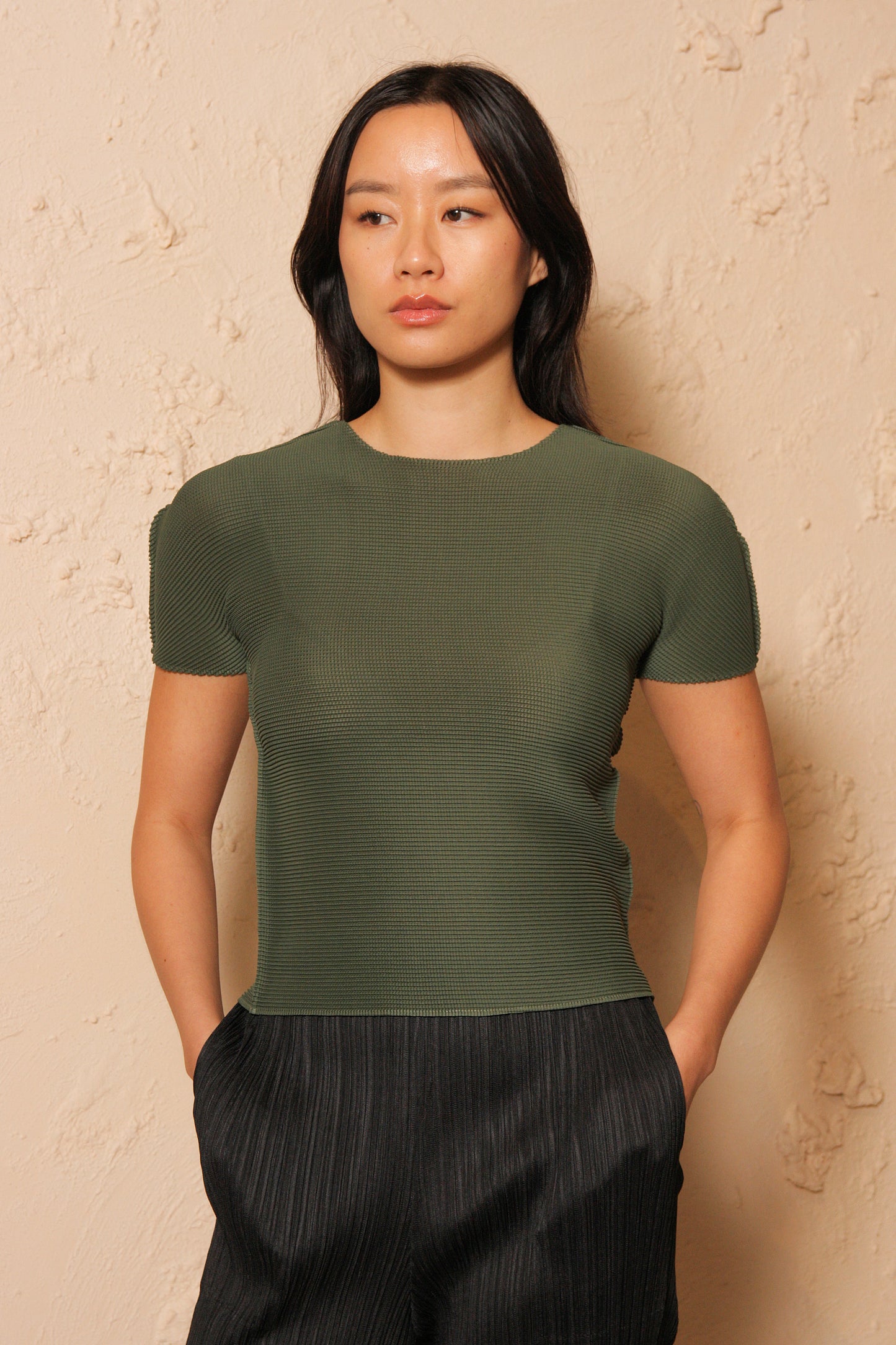Micropleated Short Sleeve Top Green