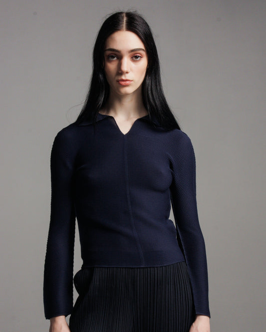 Navy Stretch Pleats Long Sleeve Top