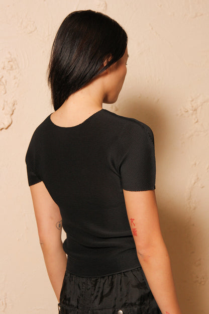 Micropleated Short Sleeve Top Black