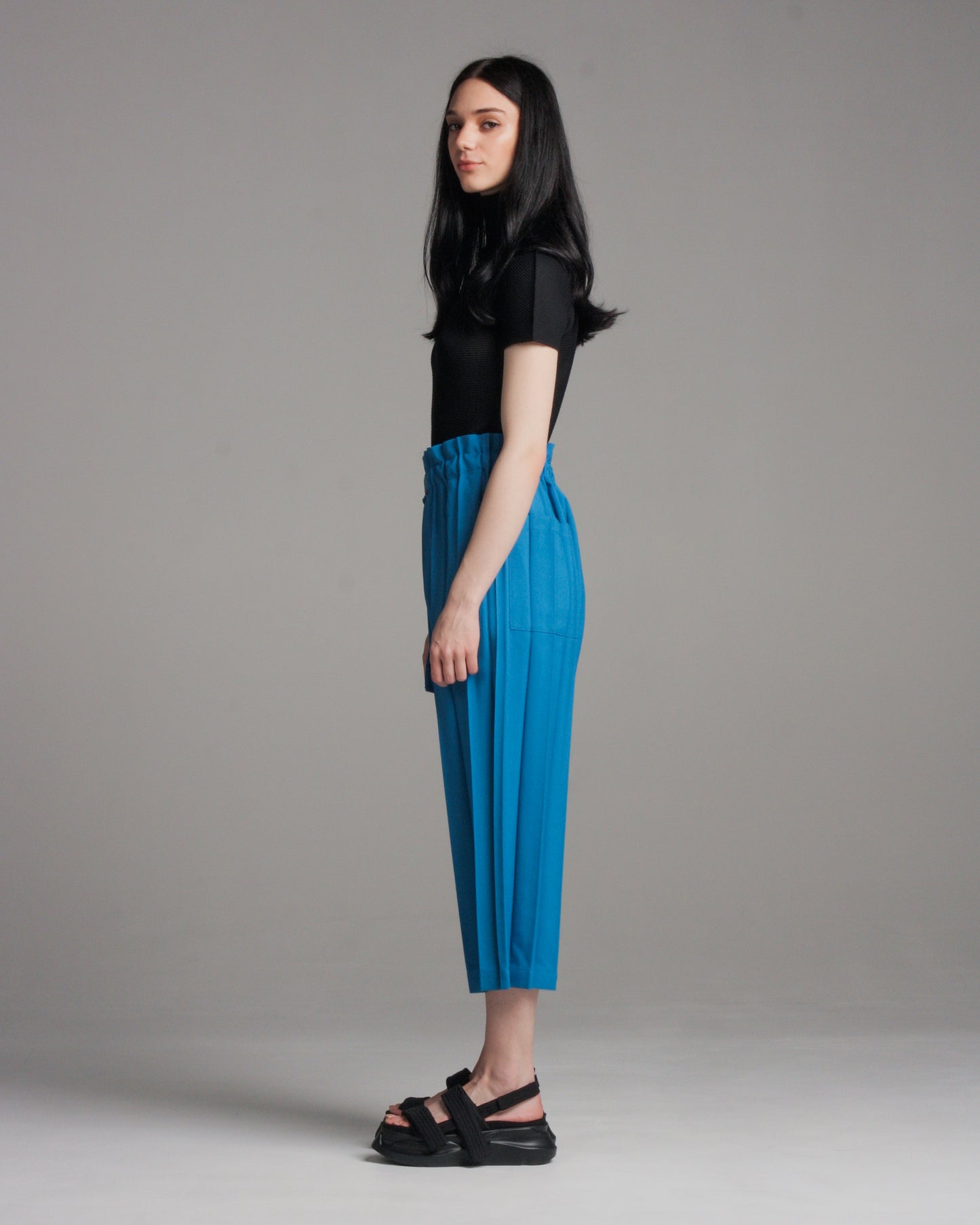 Wide Pleated Blue Cropped Pant