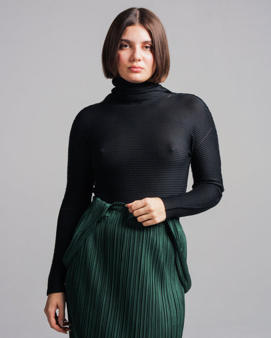 Black Micropleat Long Sleeve Top
