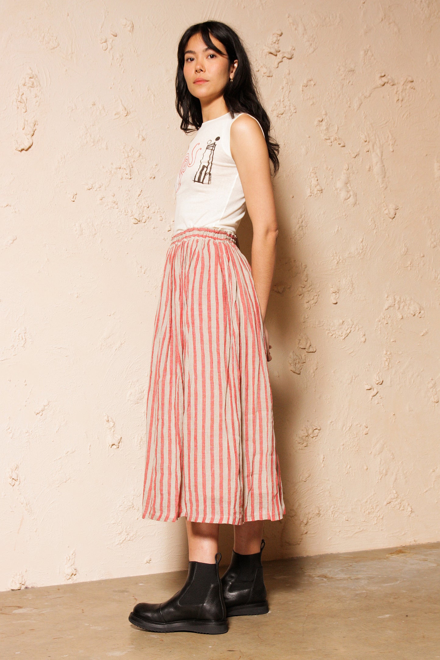Striped Linen Skirt Red