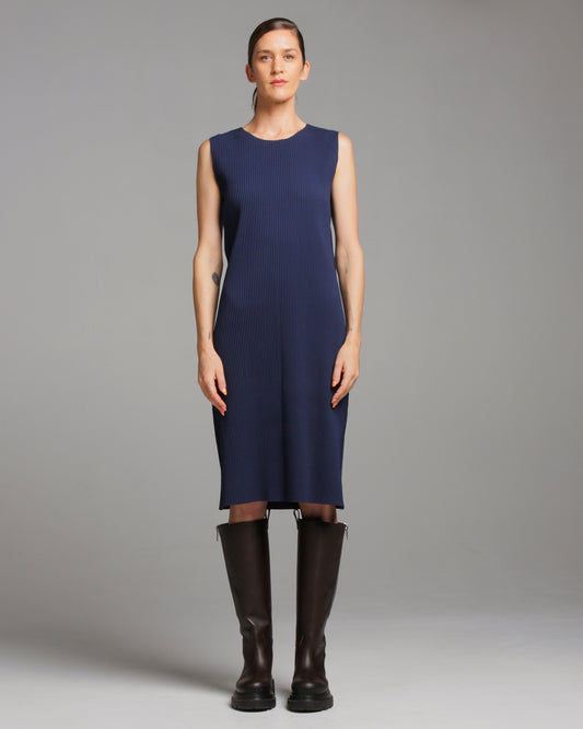 Navy Fine Knit Pleated Tank Dress