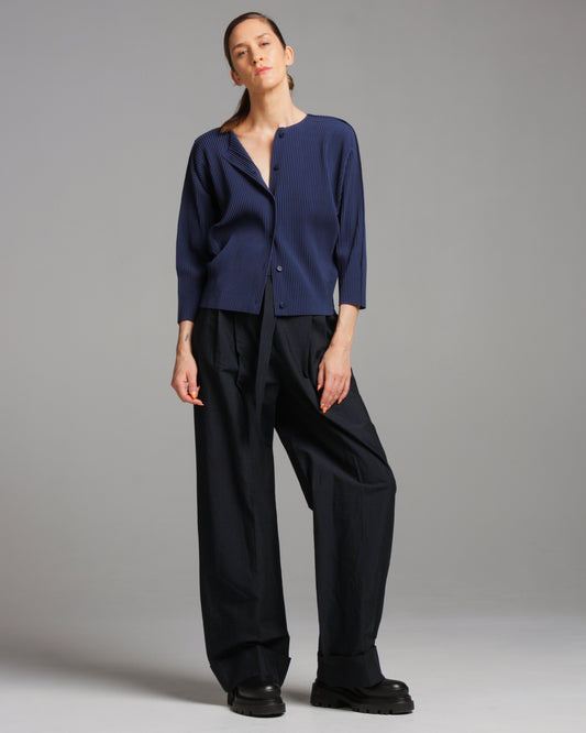 Navy Fine Knit Pleated Cardigan