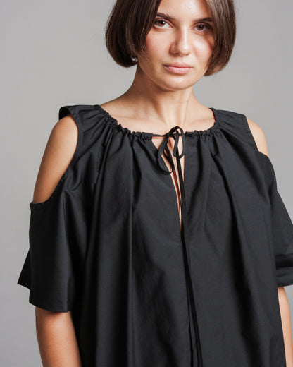 Tahar Black Gathered Neck Top