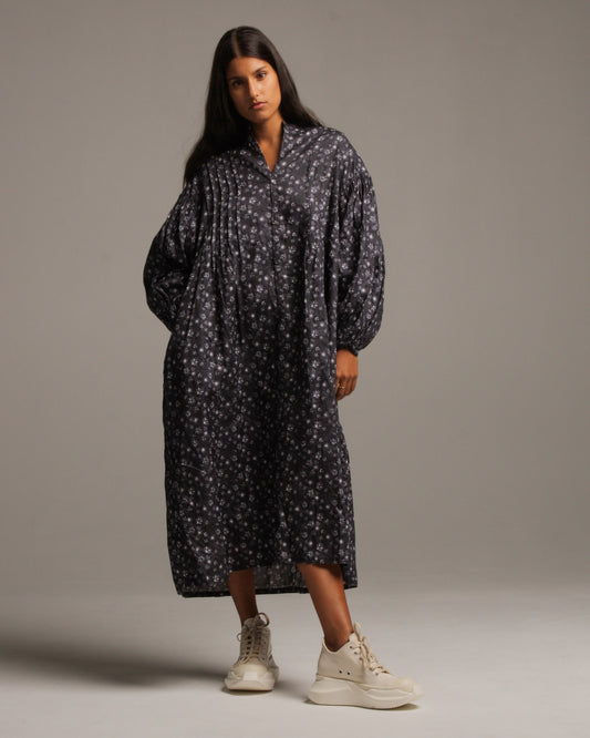 Floral Pattern Shirt Dress Charcoal