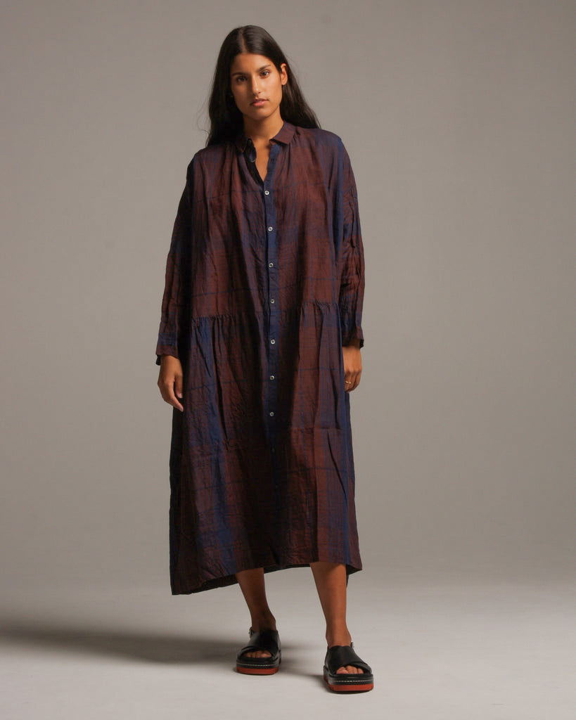 Indigo Linen Check Shirt Dress