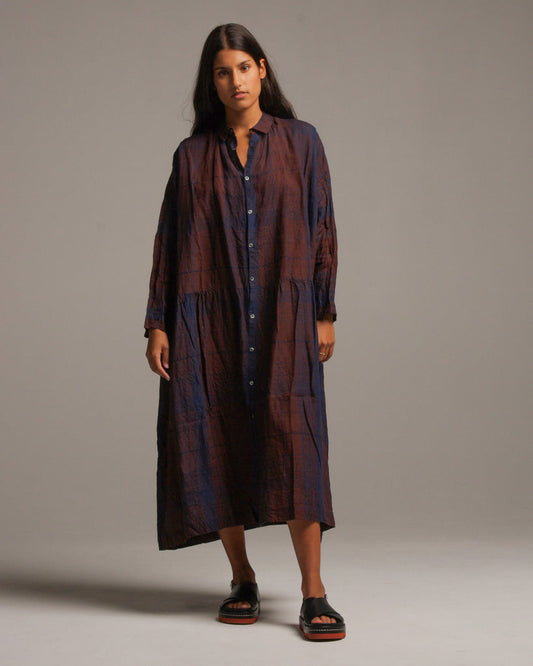 Indigo Linen Check Shirt Dress