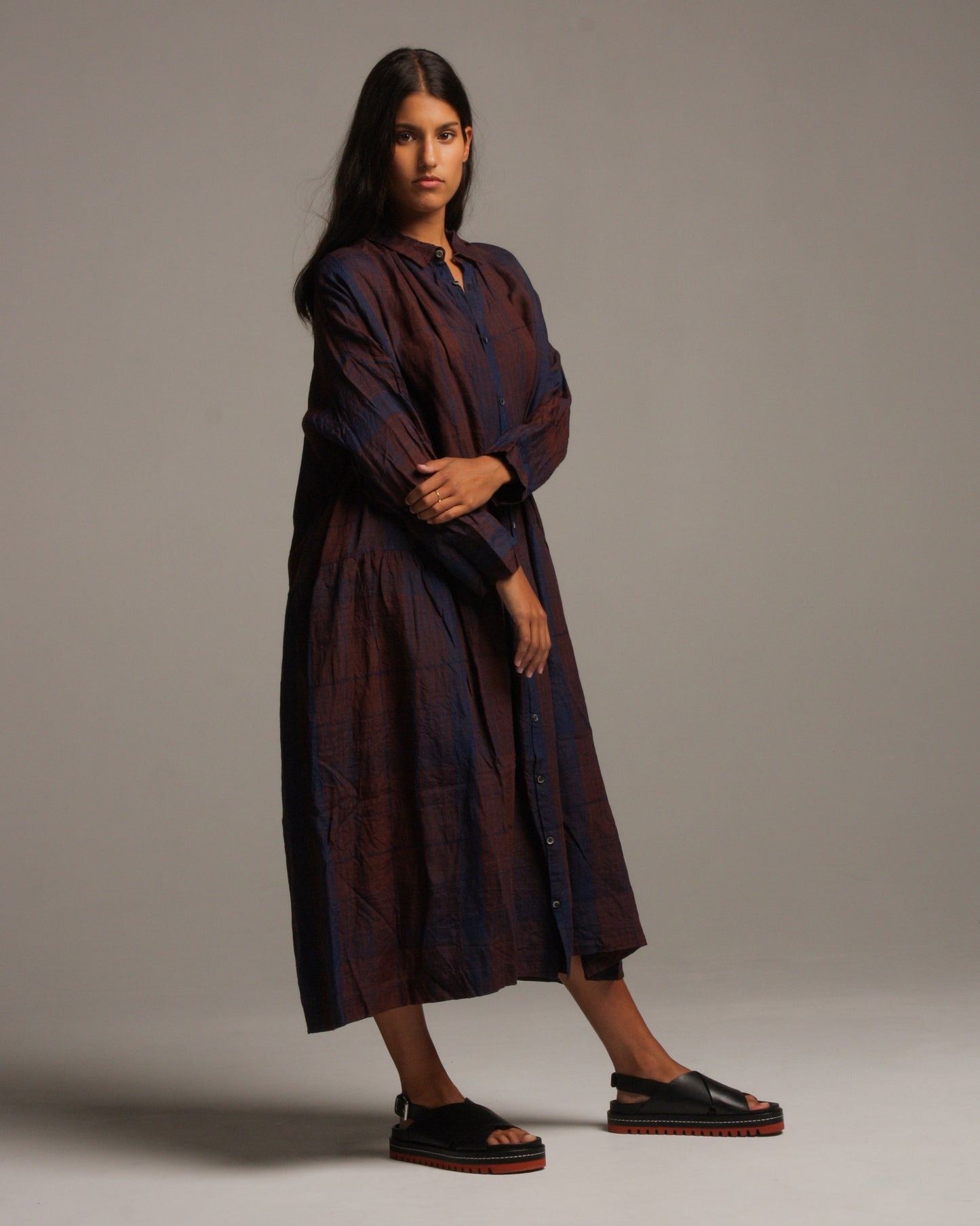 Indigo Linen Check Shirt Dress