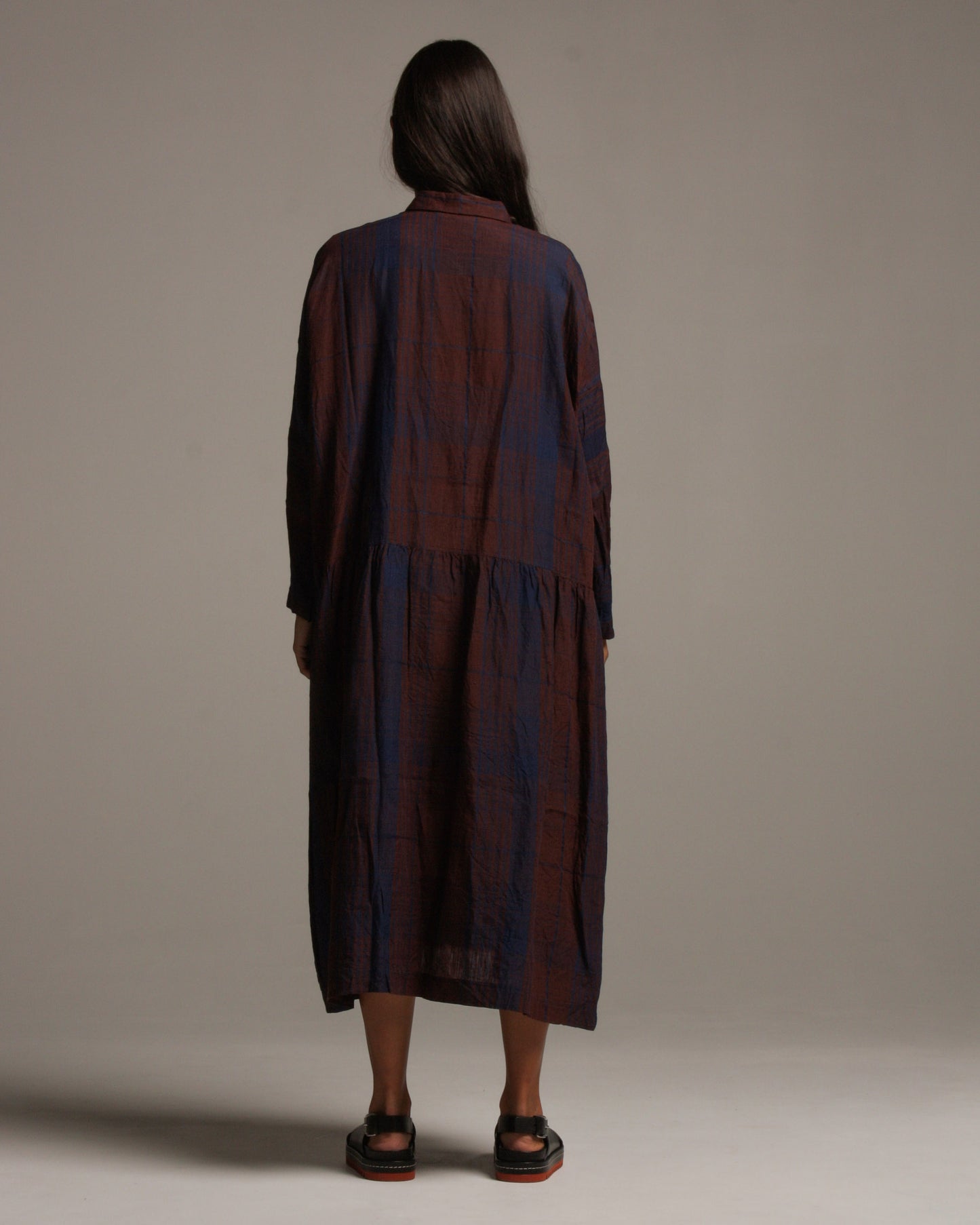 Indigo Linen Check Shirt Dress