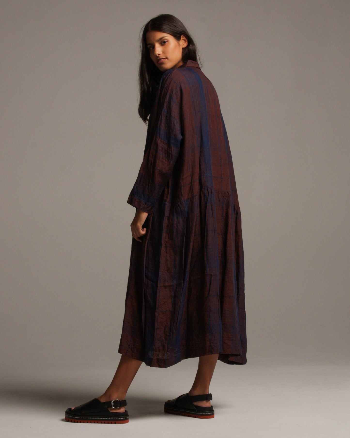 Indigo Linen Check Shirt Dress