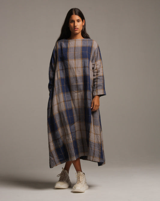 Indigo Brown Linen Check Dress