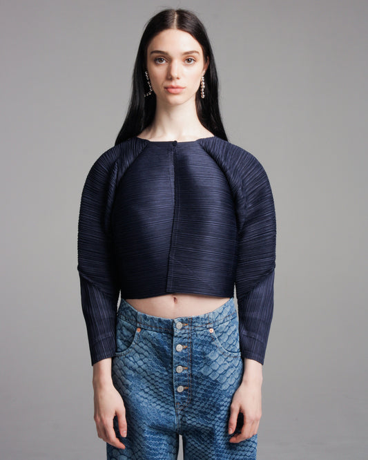 Navy Horizontal Pleat Cardigan