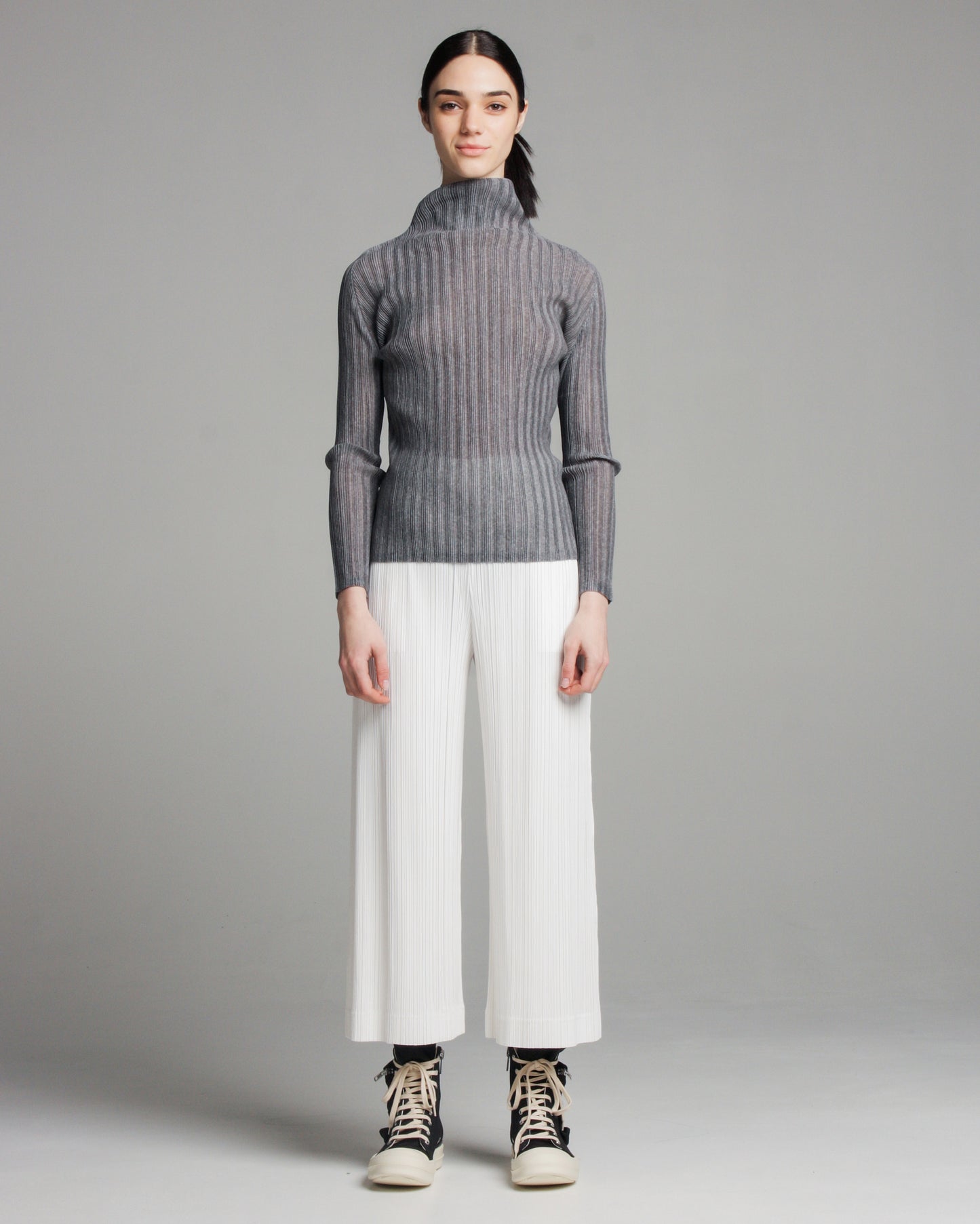 Grey High Neck Pleated Longsleeve Top