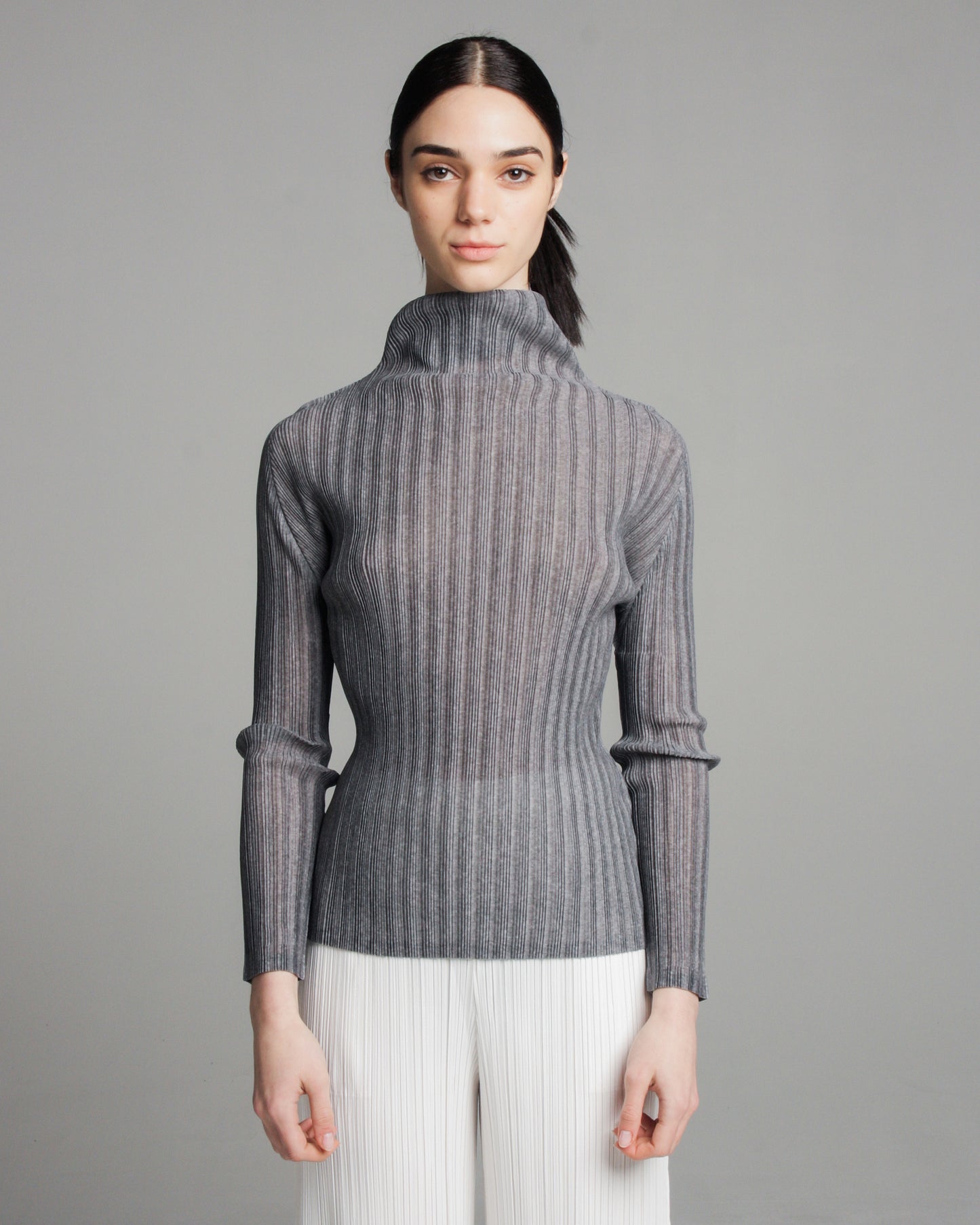 Grey High Neck Pleated Longsleeve Top