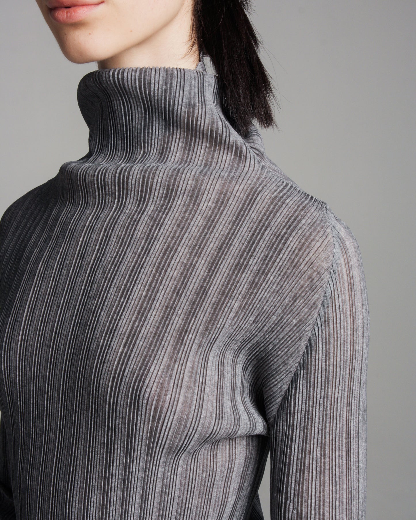 Grey High Neck Pleated Longsleeve Top