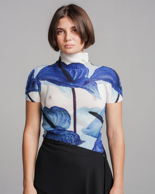 Anthurium Print Micropleat High Neck Tee