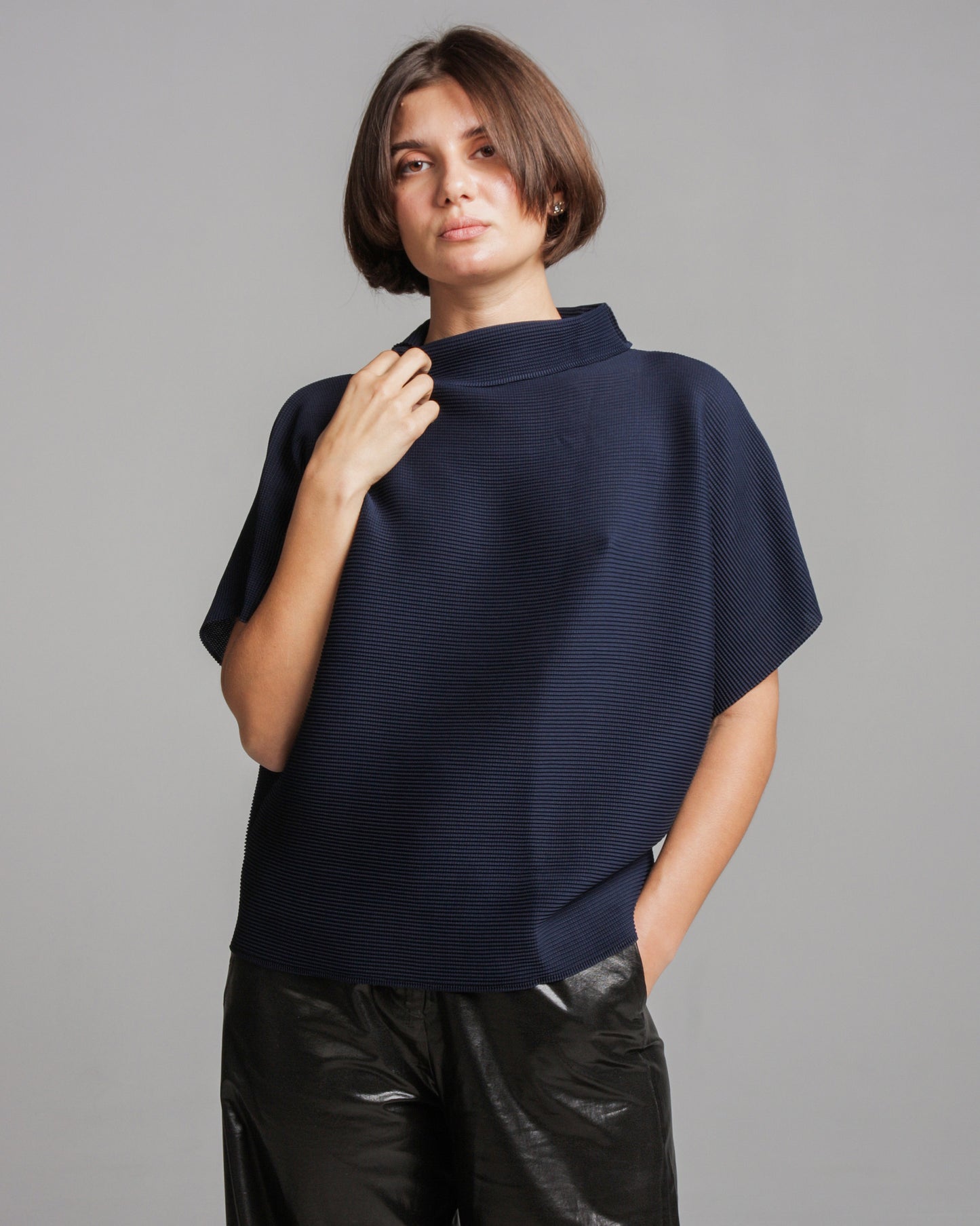 Navy Relaxed Micropleat Blouse