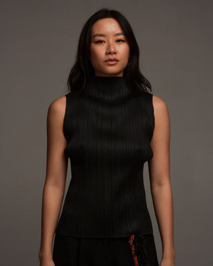 Black Pleated High Neck Tank