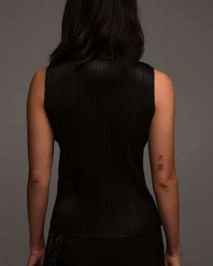 Black Pleated High Neck Tank