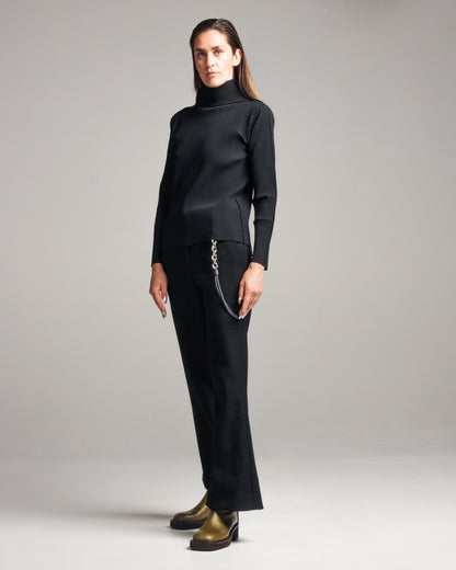 Black Fine Knit Pleated High Neck Top