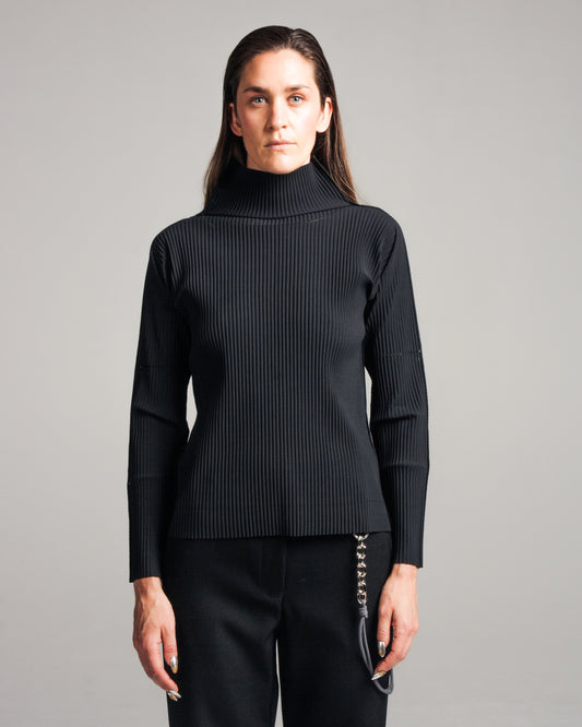 Black Fine Knit Pleated High Neck Top