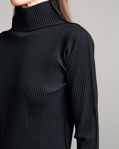 Black Fine Knit Pleated High Neck Top