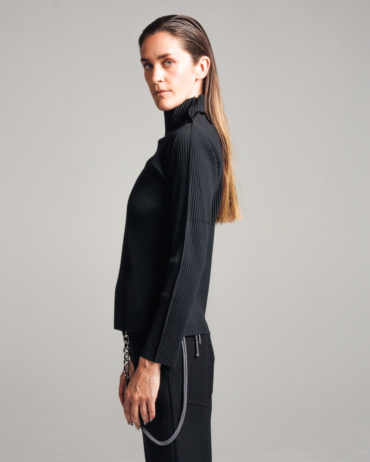 Black Fine Knit Pleated High Neck Top