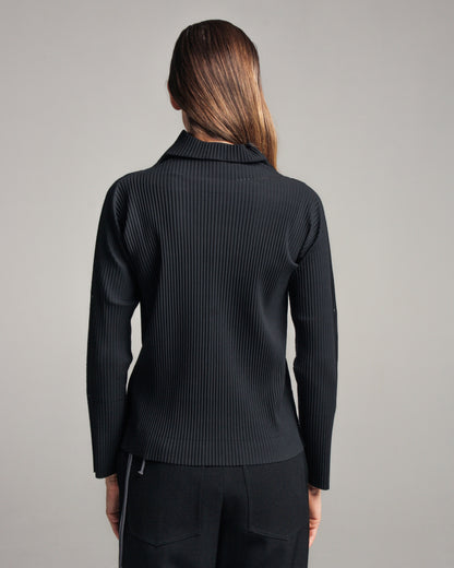 Black Fine Knit Pleated High Neck Top