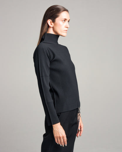 Black Fine Knit Pleated High Neck Top