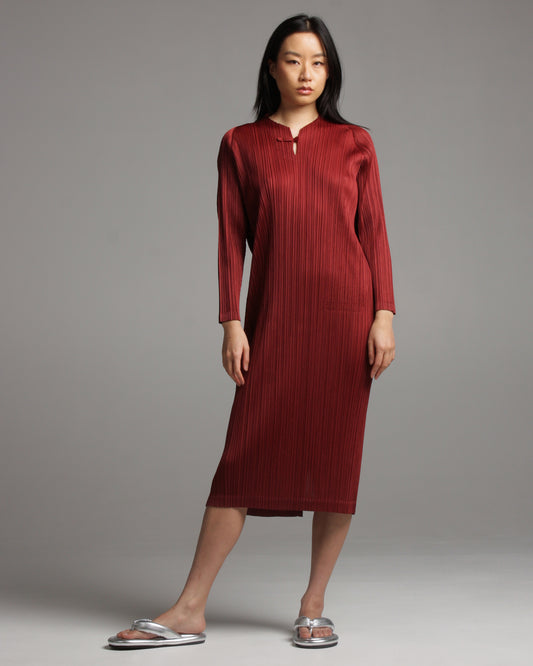 Long Sleeve Bordeaux Pleated Dress