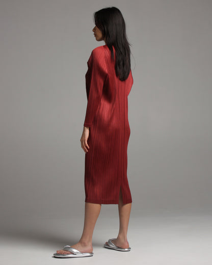 Long Sleeve Bordeaux Pleated Dress
