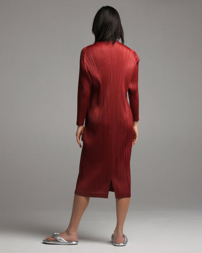 Long Sleeve Bordeaux Pleated Dress