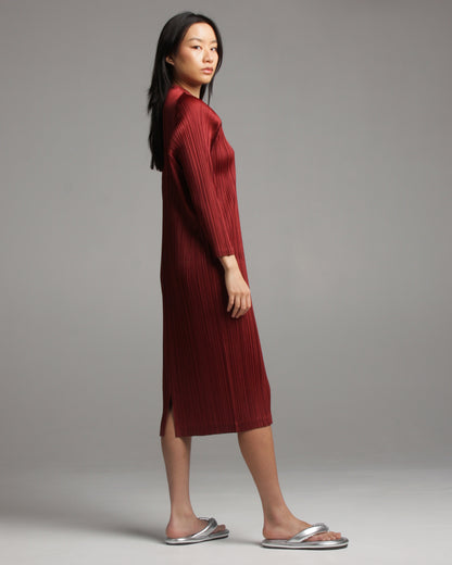 Long Sleeve Bordeaux Pleated Dress