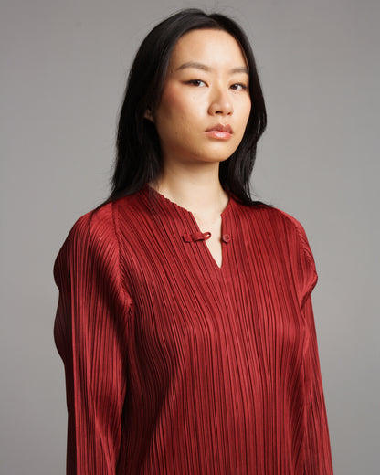 Long Sleeve Bordeaux Pleated Dress